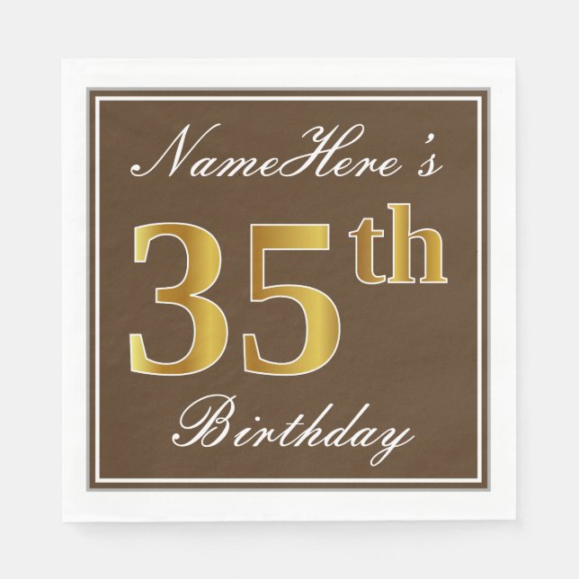Elegant Brown, Faux Guld 35e Birthday + Namn Pappersservett (Framsidan)