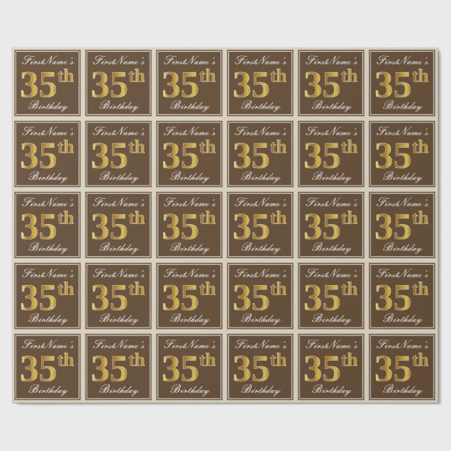 Elegant, Brown, Faux Guld 35e Birthday + Namn Presentpapper (Platt)