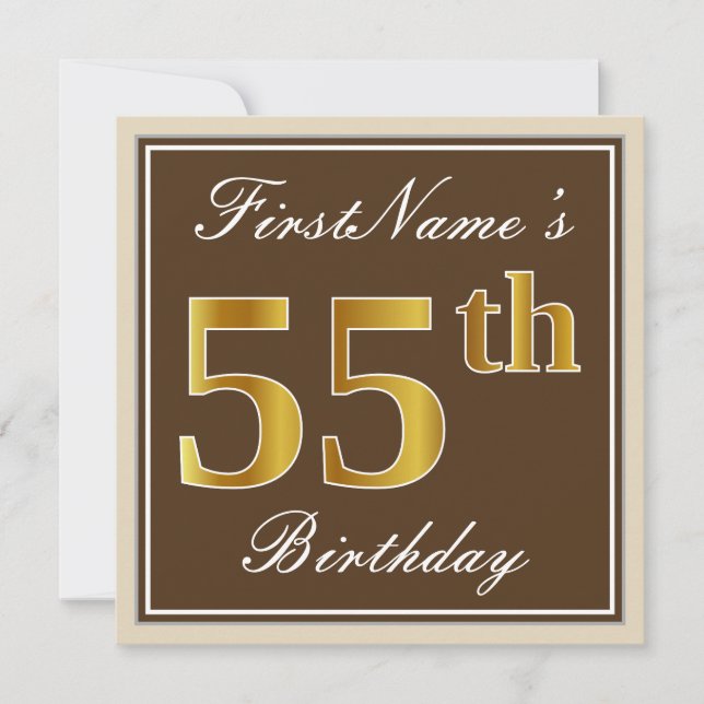 Elegant, Brown, Faux Guld 55:e födelsedagen + Namn Inbjudningar (Framsida)