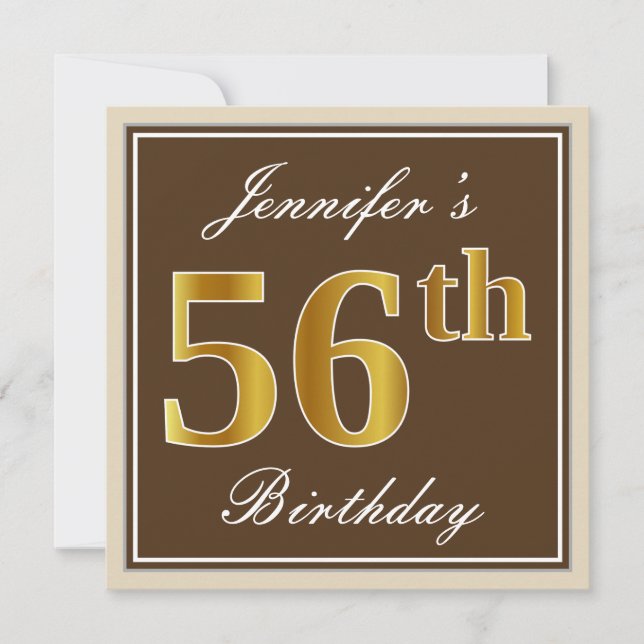 Elegant, Brown, Faux Guld 56:e födelsedagen + Namn Inbjudningar (Framsida)