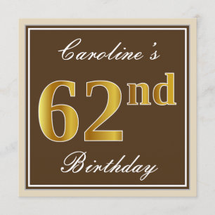 Elegant, Brown, Faux Guld 62:a födelsedagen + Namn Inbjudningar