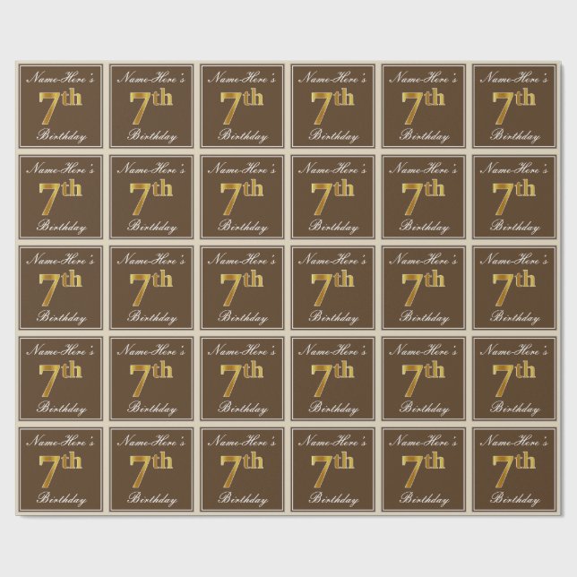 Elegant, Brown, Faux Guld 7:e födelsedag + Namn Presentpapper (Platt)