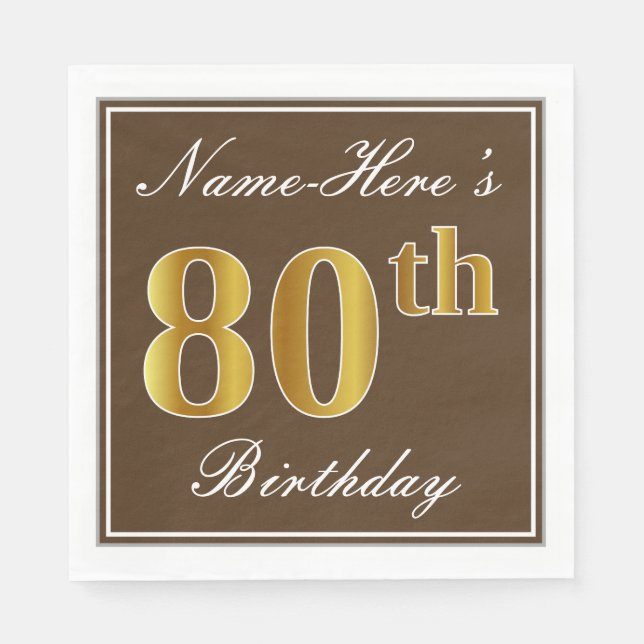 Elegant Brown, Faux Guld 80 Birthday + Namn Pappersservett (Framsidan)