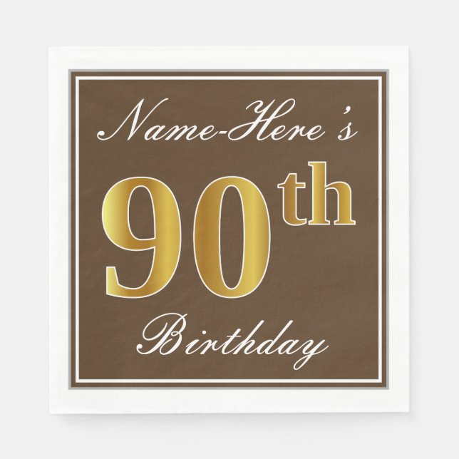 Elegant Brown, Faux Guld 90:e Birthday + Namn Pappersservett (Framsidan)