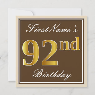 Elegant, Brown, Faux Guld 92:a födelsedagen + Namn Inbjudningar
