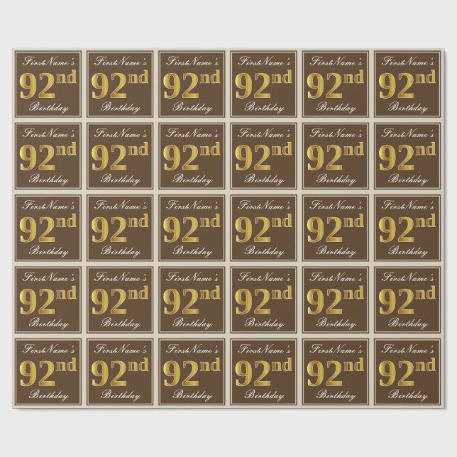 Elegant, Brown, Faux Guld 92:a födelsedagen + Namn Presentpapper (Platt)