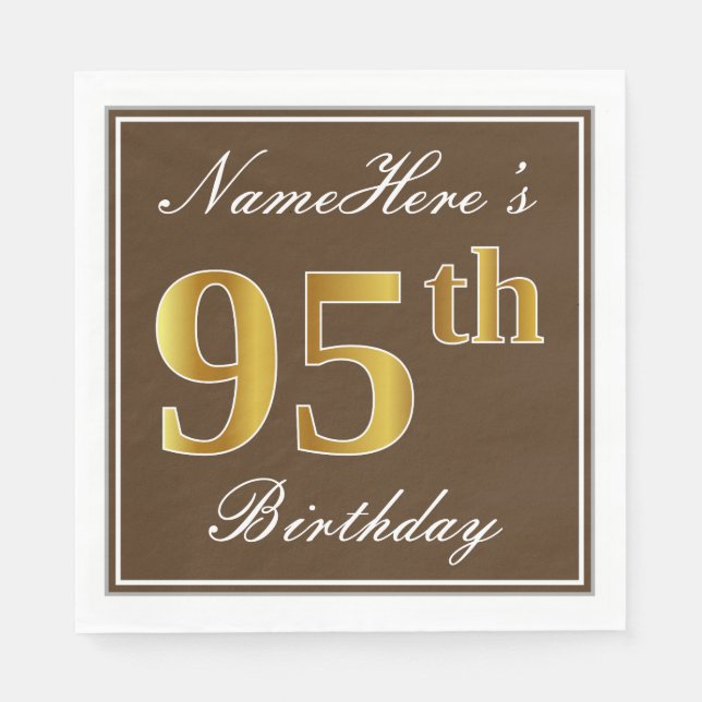 Elegant Brown, Faux Guld 95 Birthday + Namn Pappersservett (Framsidan)