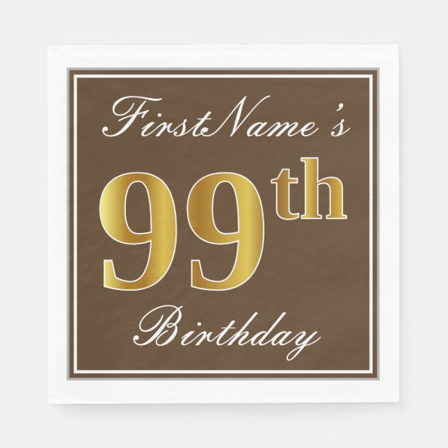 Elegant Brown, Faux Guld 99 Birthday + Namn Pappersservett (Framsidan)