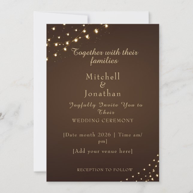Elegant Brown & Gold String Lights Wedding Inbjudningar (Framsida)