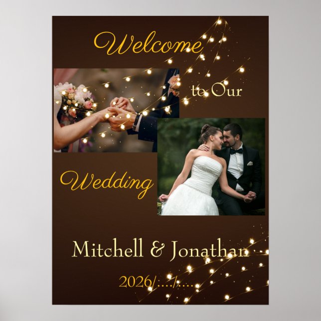 Elegant Brown & Gold String Lights Wedding  Poster (Framsidan)