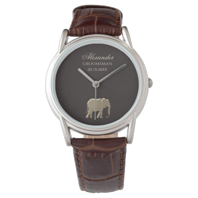 Elegant Brown & Guld Elephant Monogram Groomsman Armbandsur (Framsida)