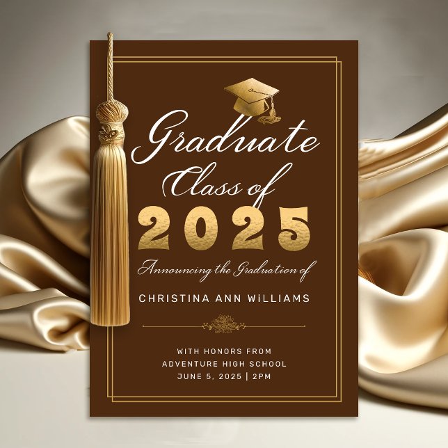 Elegant Brown Guld-skriptklass för 2025 Student Meddelande (Elegant Brown Gold Script Class of 2025 Graduation Announcement)
