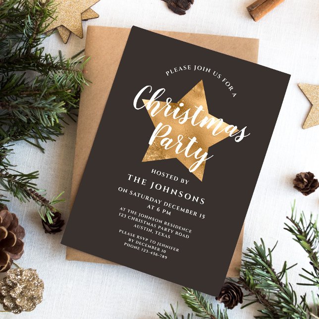 Elegant Brown Guld Star-julen Party Inbjudningar (Elegant Brown Gold Star Christmas Party Invitation)