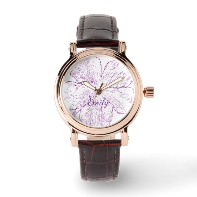 ​Elegant Brown Leather Purple Floral Artistic Armbandsur (Framsida)