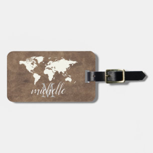 Elegant Brown Leather Travel World - Karta-flygpla Bagagebricka