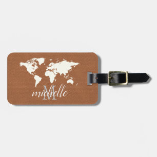 Elegant Brown Leather Travel World - Karta-flygpla Bagagebricka