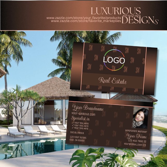 Elegant Brown med Logotyp Photo och Monogram Mönst Visitkort (Skapare uppladdad)