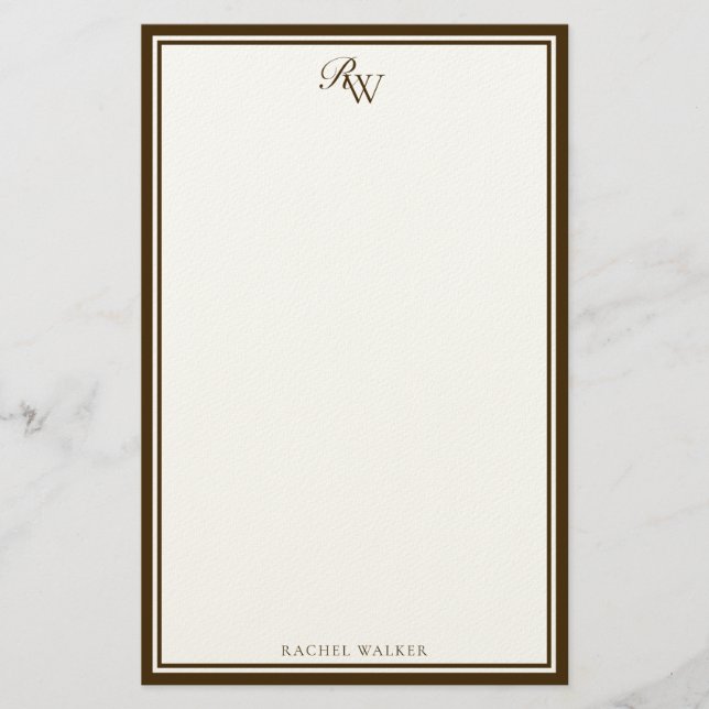 Elegant Brown Monogram Two Border Brevpapper (Framsida)