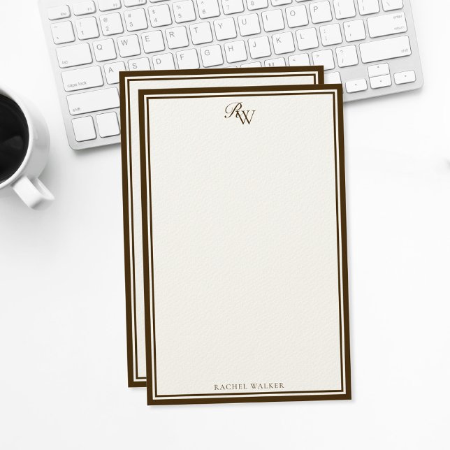 Elegant Brown Monogram Two Border Brevpapper (Skapare uppladdad)