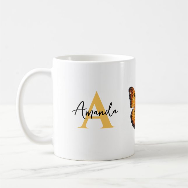 Elegant Brown och Black Monogram Namn Butterfly Kaffemugg (Vänster)