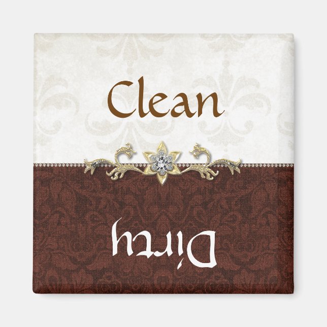 Elegant Brown och Cream Damask Dishwasher Magnet (Framsidan)