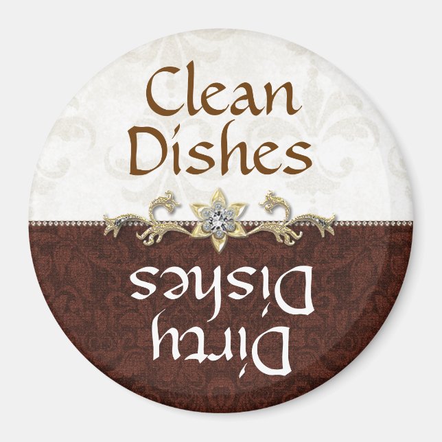 Elegant Brown och Ivory Damask Dishwasher Magnet (Framsidan)