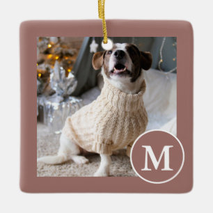 Elegant Brown och White Monogram Photo Julgransprydnad Keramik