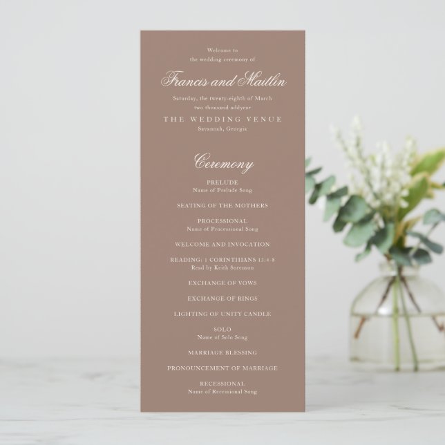 Elegant Brown Romantic Wedding Program (Stående Fram)