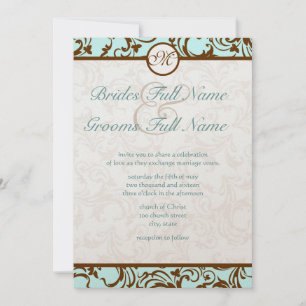 Elegant Brown Vintage Damask på Light Aqua Blue Inbjudningar