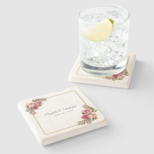 Elegant Brud & Brudgum Vattenfärg Blommor Bröllop Stenunderlägg
