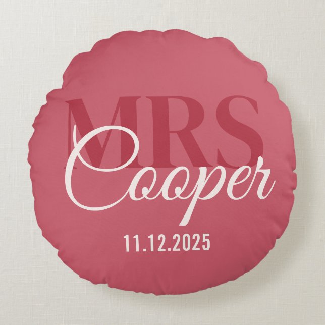 Elegant brudpar namn röd elfenbensfärg  rund kudde (Framsidan)
