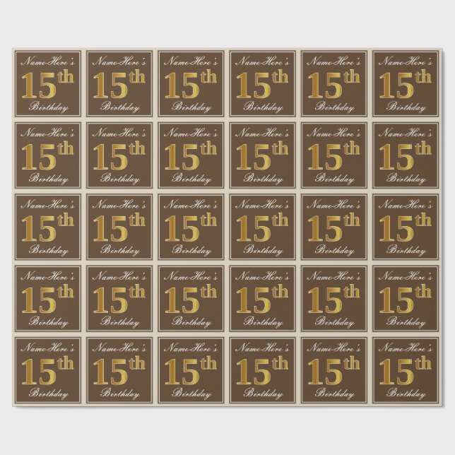 Elegant, Brun, Falsk Guld 15-årsdag + Namn Presentpapper (Platt)