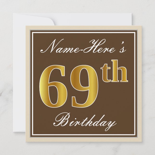 Elegant, Brun, Falsk Guld 69-årsdag + Namn Inbjudningar (Framsida)
