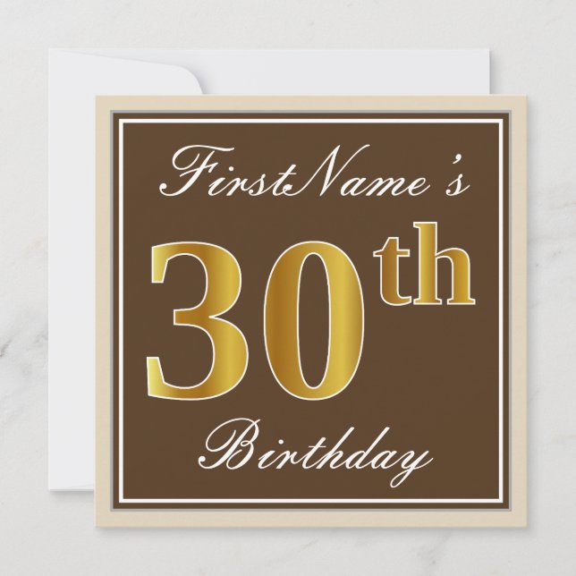 Elegant, Brun, Faux Guld 30års födelsedag + Namn Inbjudningar (Framsida)