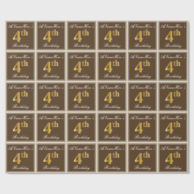Elegant, Brun, Faux Guld 4e födelsedagen + Namn Presentpapper (Platt)