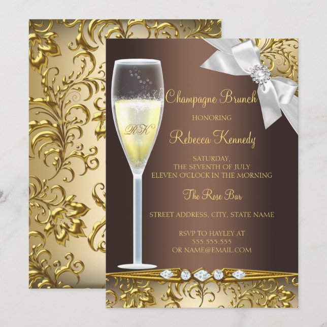 Elegant Brun Guld Vit Champagne Brunch Inbjudan (Fram/baksida)