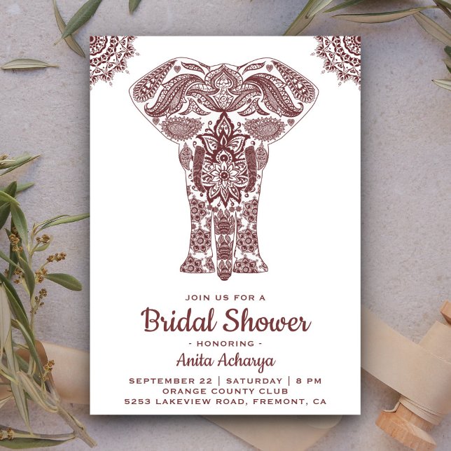 Elegant Brun Henna Elefant Bröllopsdusch Inbjudan (Skapare uppladdad)