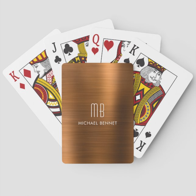 Elegant Brun Koppar Borstad Metallisk Monogram Casinokort (Baksidan)