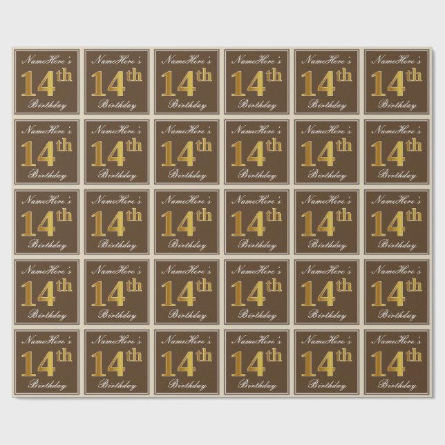 Elegant, Brun, Oäkta Guld 14-årsdag + Namn Presentpapper (Platt)