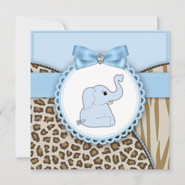 Elegant Brun Och Blå Elefant Bebis Shower Inbjudningar (Framsida)