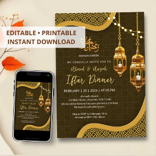 Elegant brun- och guldfärgad utsmyckad lykta Iftar Inbjudningar