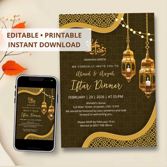 Elegant brun- och guldfärgad utsmyckad lykta Iftar Inbjudningar (Skapare uppladdad)