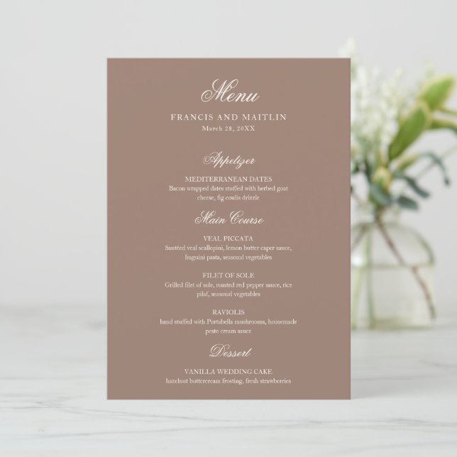 Elegant Brun Romantisk Bröllop Meny (Stående Fram)
