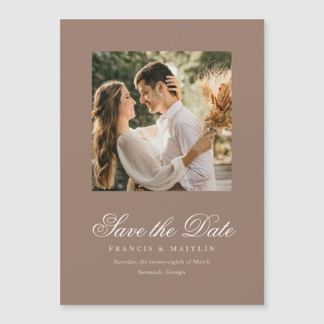Elegant Brun Romantisk Foto Bröllop Save the Date (Framsida)