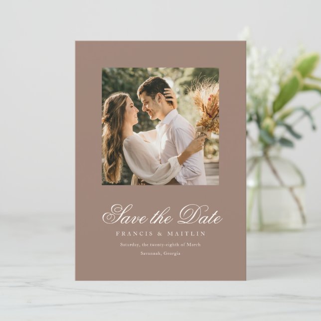 Elegant Brun Romantisk Foto Bröllop Spara Datumet (Stående Fram)