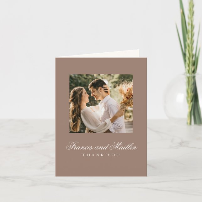 Elegant Brun Romantisk Foto Bröllop Tack Kort (Framsida)