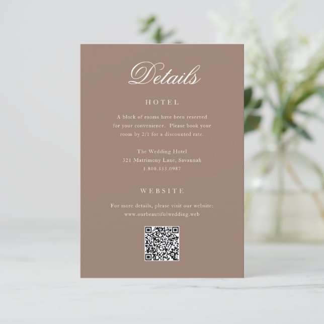Elegant Brun Romantisk QR-kod Bröllop Tilläggskort (Stående Fram)