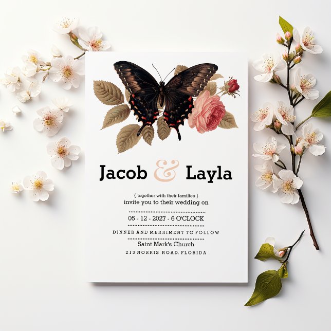 Elegant brun rosa butterfly blommigt bröllop inbjudningar (Elegant brown pink butterfly floral wedding)