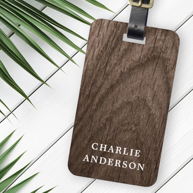 Elegant brun ved utseendet på eget namn bagagebricka (Elegant brown wood look custom name luggage tag)