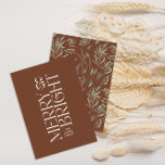 Elegant brunblad modernt minimitypografi julkort<br><div class="desc">Elegant typografi modern minimal naturlig brun vattenfärg botanisk typografi Merry and bright jul helgdag plan card.</div>